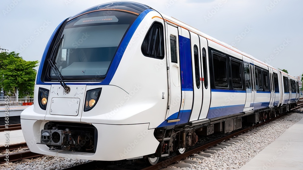 Naklejka premium Modern electric train awaiting departure at a transit station with clear skies in the background