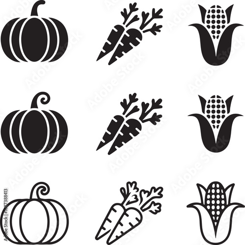 Autumn Harvest Icons Featuring Pumpkin Carrot and Corn on the Cob squash gourd