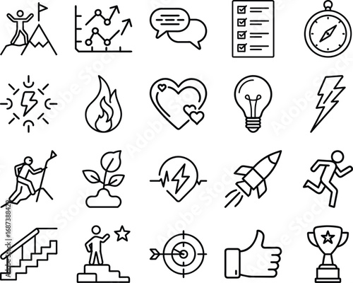 Assorted business and personal development line icons representing growth progress success energy and achievement in black and white
