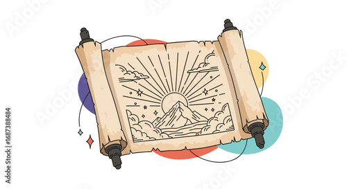 Ancient scroll unveiling majestic mountain sunrise and hopeful rays of light