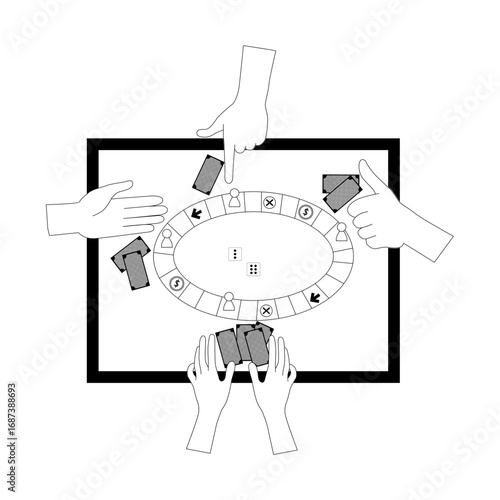 Flat-style vector illustration of a board game night with four players. A top-down view shows hands, cards, dice, and a colorful game board. Perfect for gaming, leisure, and social interaction themes 