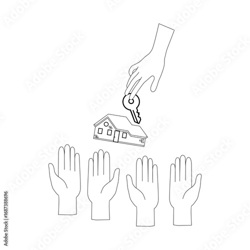 Vector real estate concept in flat style - hand real estate agent holding holds a key with a tag in the form of homes, and buyers are pulling your hands. Demand and supply