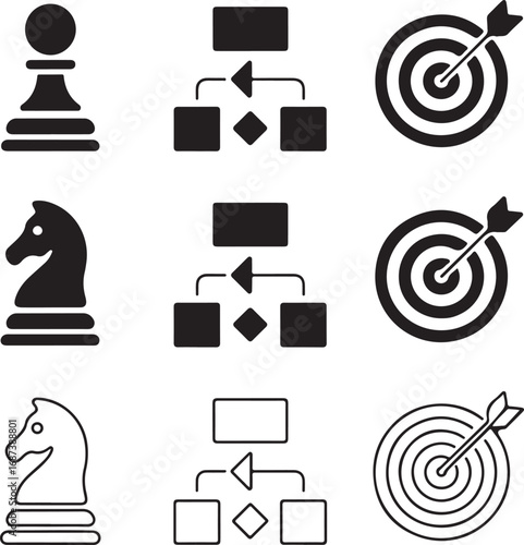 Business Strategy Icons Set Chess Pawn Knight Flowchart and Target Symbols vector illustration