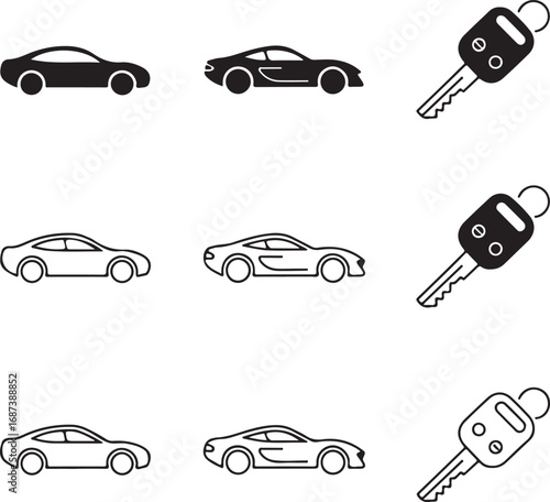 Car and Car Key Icons in Silhouette and Outline illustration vector