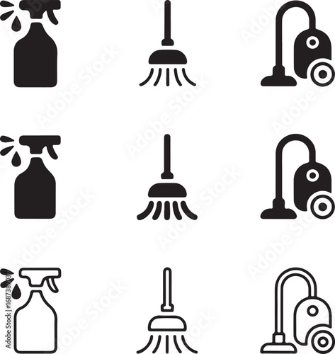 Cleaning Icons Collection with Spray Bottles Brooms and Vacuum Cleaners in Solid Outline and Silhouette Styles