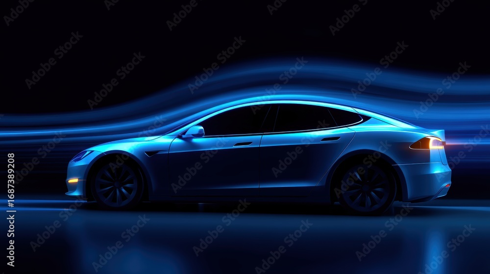 Obraz premium Sleek electric vehicle illuminated by dynamic blue light trails, showcasing modern design and technology