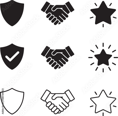 Collection of security and success icons featuring shields handshakes and stars in silhouette and outline