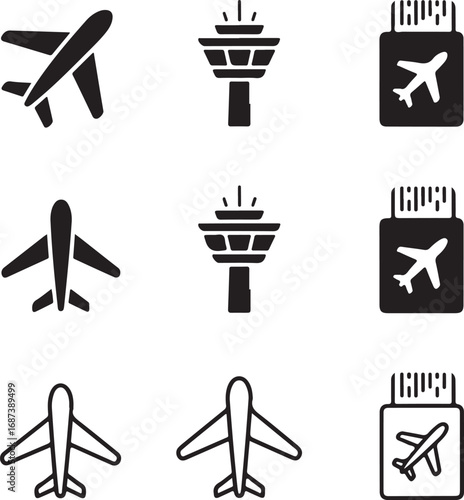 Collection of three aviation icons showing an airplane an air traffic control tower and an airplane ticket Keywords: airplane, aircraft, plane, jet, aviation, travel, transport, flight, journey