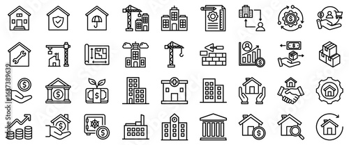 Real Estate and Finance Icons: Buildings, Investments, and Construction