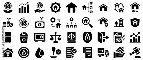Real Estate and Finance Icons: Investment, Property, Law, and Security
