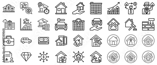 Real Estate and Finance Icons: Houses, Cars, Money, and Business Symbols