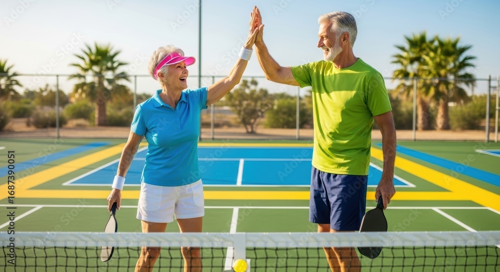 Obraz premium Older couple playing doubles pickleball together, smiling and enjoying a recreational sports match