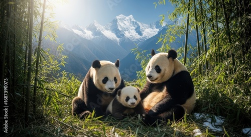 A family of pandas sits together in a bamboo forest, with majestic mountains in the background.