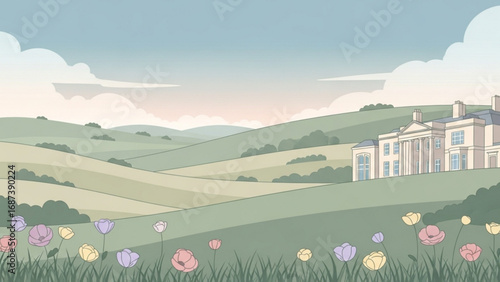 Elegant mansion sits nestled among rolling green hills under a pastel sky, evoking a sense of serenity and timeless beauty in the countryside landscape.
