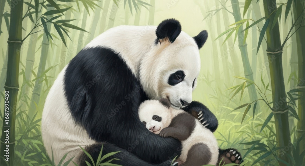 Naklejka premium A panda bear embraces its cub in a bamboo forest, showcasing maternal love and protection.