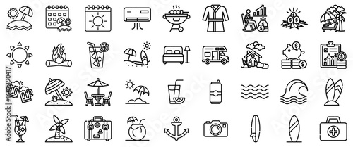 Summer Vacation and Travel Icons: Sun, Beach, Drinks, and More