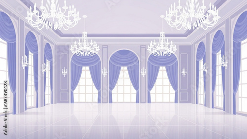 Elegant ballroom features ornate chandeliers and draped windows, creating a luxurious and spacious venue for formal events and celebrations.