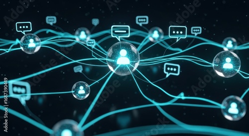 Abstract representation of a social network, with interconnected user profiles and communication bubbles.
