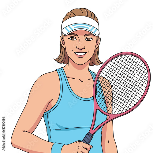 Vector illustration of young woman tennis player holding a racket, wearing a visor and tank top, smiling confidently