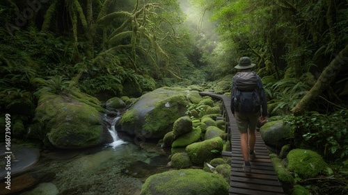 Adventurous hiker explores lush, moss-covered forest trail beside a clear stream