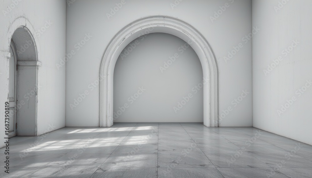 Fototapeta premium create a surreal 3d rendering of an empty white room with an arch design and concrete floor, resembling a museum space or chapel entrance