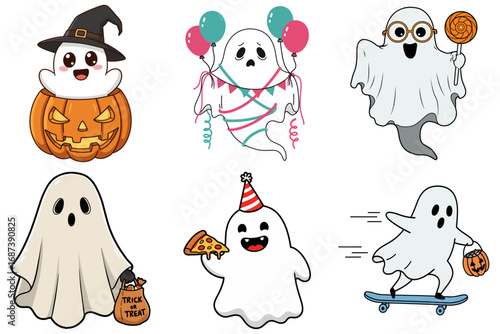 Cute Halloween Ghost Characters Vector Illustration Set