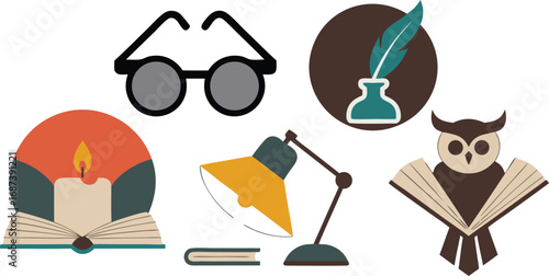 Reading Writing Illustration Glasses, Inkwell, Owl, Lamp, and Lit Candle with Open Book