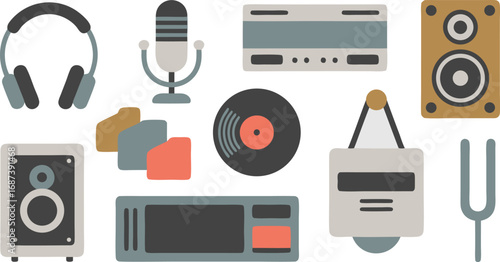 Retro Music Studio Illustration Headphones, Microphone, Vinyl, Speakers, Recorder, and Tuning Fork