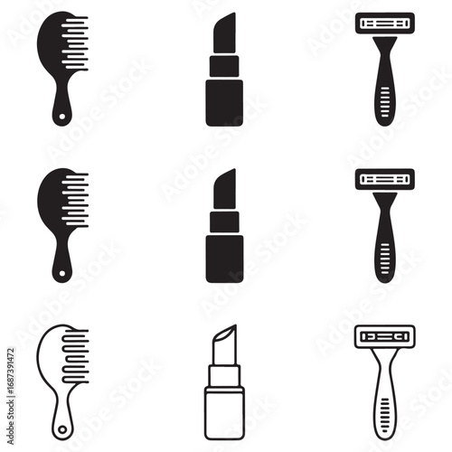 Personal Care Icons Comb Lipstick Razor in Black and White beauty grooming