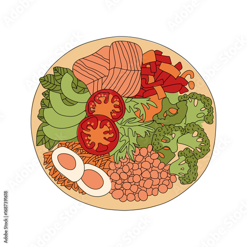 Plate with avocado, broccoli, tomatoes egg and salmon isolated. Plate of healthy food with vegetables and fish top view. Nutritious and healthy breakfast, lunch or dinner. Flat style vector 