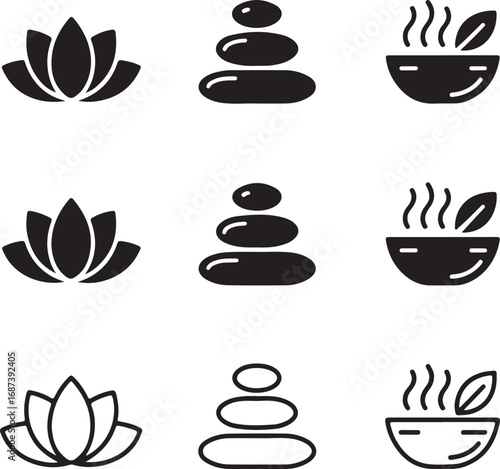 Spa Icons Lotus Flower Stacked Stones Steaming Bowl Solid Outline wellness meditation