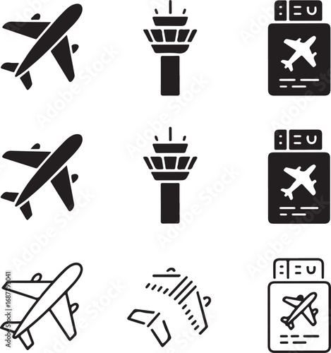 Airport Icons Set With Airplanes Control Tower and Tickets aircraft travel