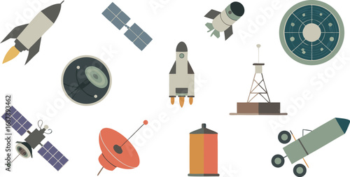 Space Exploration Icons Rockets, Satellites, Radar, and Communication Tower Illustrated on White Background