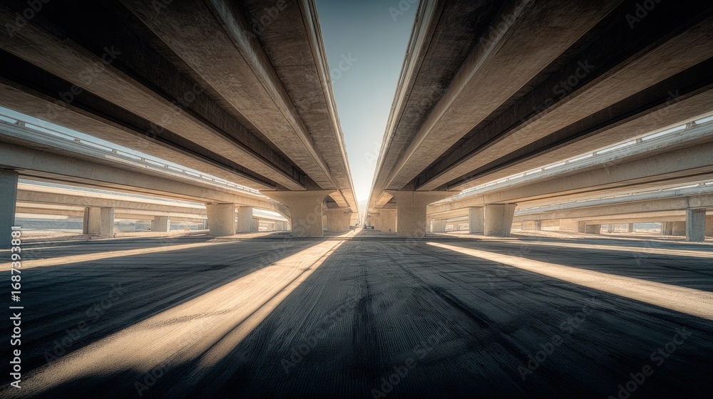 Fototapeta premium Elevated Highway Overpass Perspective with Concrete Support Columns and Sunlight, showcasing urban infrastructure and architectural design