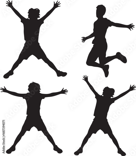 Four energetic figures leaping with joy silhouettes