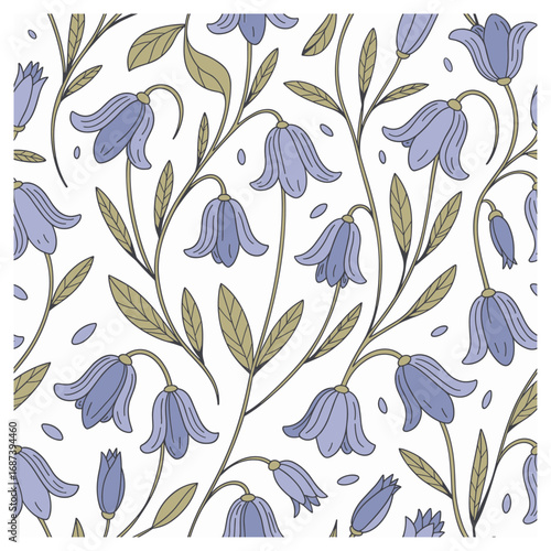 This soft and elegant seamless pattern features a delicate array of bell-shaped flowers in calming shades of lavender and purple, paired with gentle green leaves. Set against a clean white background.