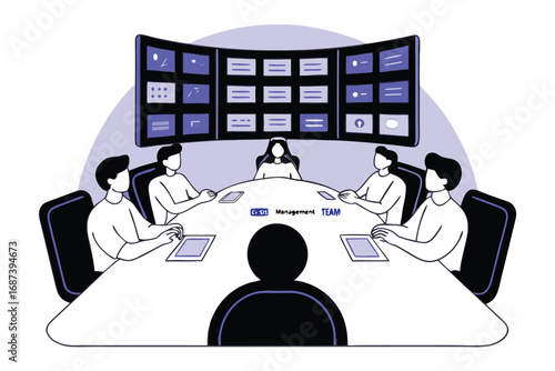 Business meeting in a modern conference room with a large video wall and people at a table boardroom