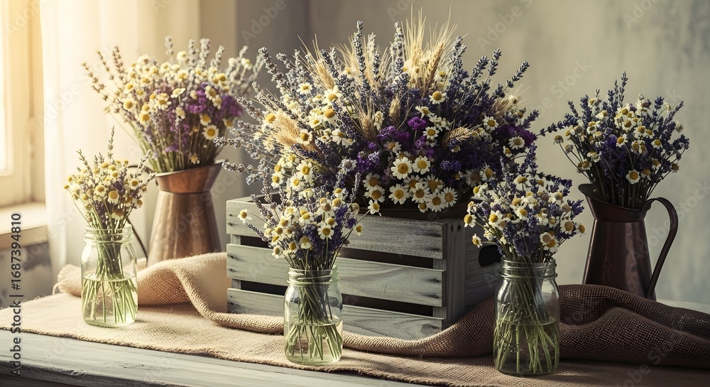 Fototapeta premium Rustic wooden crate with lavender and daisies