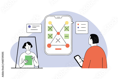 Two people interacting with a smartphone displaying a game or diagram, with chat bubbles mobile strategy