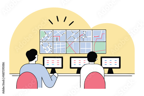 Two People Monitoring a Large Screen Displaying City Maps and Routes control room surveillance