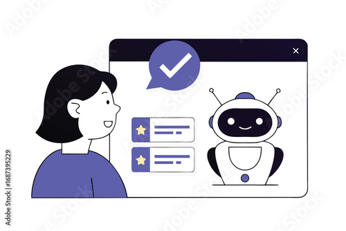 Woman smiling at a chatbot interface with a checkmark and star ratings Keywords: chatbot, artificial intelligence, AI, customer service, support, assistance, online, interface, screen, technology