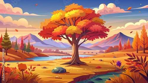 Panoramic autumn landscape with a single tree full of colorful red, orange, and yellow leaves, surrounded by a scenic fall environment, golden light highlighting the foliage