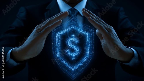 Wallpaper Mural A person in a suit safeguards a digital dollar shield, showcasing financial security and technology. Torontodigital.ca