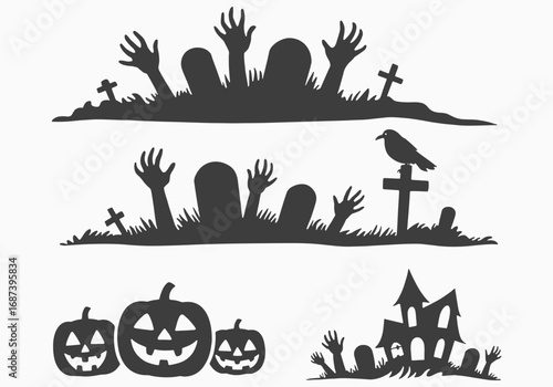 Halloween silhouette elements of zombies pumpkins and haunted house isolated on white background