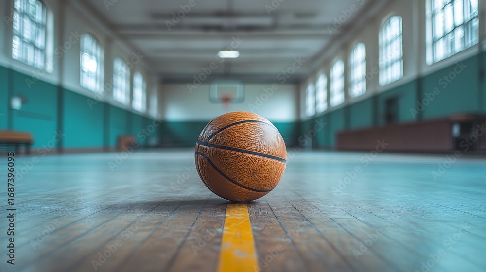 Naklejka premium Lone Orange Basketball on the Empty Court Awaits the Next Game.