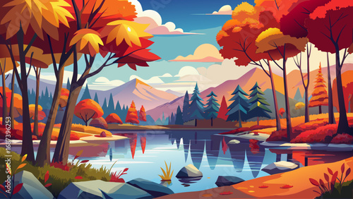 Scenic autumn landscape of a colorful forest along the shore of a calm lake, vibrant red, orange, and yellow foliage reflecting on the water surface, peaceful seasonal atmosphere with clear sky
