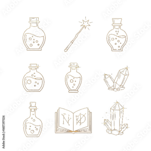 Witchcraft Vector Icons Potion Bottles Magic Wand Spell Book Crystal Gold Outlines Dark Background