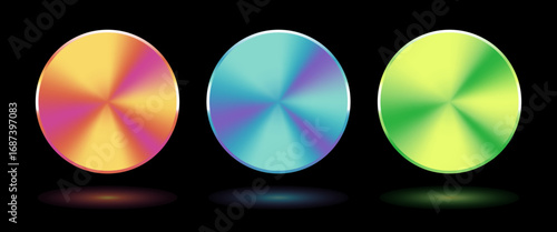 Radial gradient metallic medal. Winner award trophy badge colorful coin. Metal chrome circle button. Quality certificate round hologram sticker frame. Shiny badge shield label banner background.