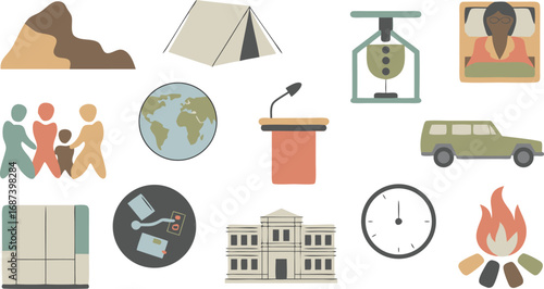 Varied Icon Set Featuring Family, Travel, Communication, Health, Justice, and Time Representation