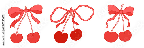 Set of hand drawn ribbon bows with cherries in coquette style. Cute feminine decorative elements for digital design, scrapbooking, planners, invitations, packaging, social media. Vector illustration